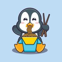 simpatico pinguino che mangia noodle fumetto illustrazione vettoriale