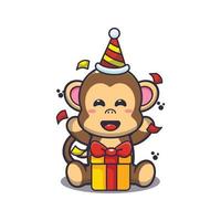scimmia carina nell'illustrazione di vettore del fumetto della festa di compleanno