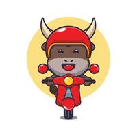 simpatico personaggio dei cartoni animati della mascotte del toro giro in scooter vettore