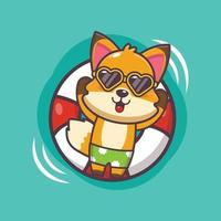 il simpatico personaggio della mascotte dei cartoni animati di volpe in occhiali da sole dorme sul galleggiante vettore