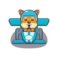 simpatico personaggio dei cartoni animati della mascotte del cane shiba inu che guida un'auto da corsa vettore