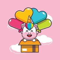 simpatico personaggio dei cartoni animati della mascotte dell'unicorno vola con il palloncino vettore