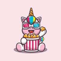 simpatico unicorno che mangia popcorn e guarda un film in 3d vettore