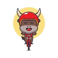 simpatico personaggio dei cartoni animati della mascotte del toro giro in bicicletta vettore