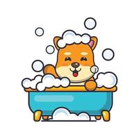 simpatico cane shiba inu che prende il bagno di bolle nella vasca da bagno fumetto illustrazione vettoriale