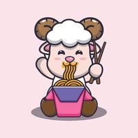carino pecore che mangiano noodle fumetto illustrazione vettoriale