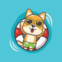 il simpatico personaggio della mascotte dei cartoni animati del cane shiba inu in occhiali da sole dorme sul galleggiante vettore