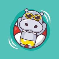 il simpatico personaggio della mascotte dei cartoni animati di ippopotamo in occhiali da sole dorme sul galleggiante vettore