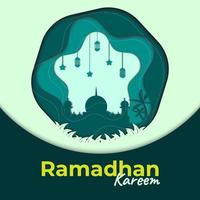 grafica vettoriale del biglietto di auguri ramadhan. con combinazione di colori verde e giallo. e anche usando lo stile ritagliato della carta. perfetto per i post sui social media