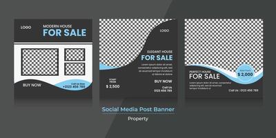 grafica vettoriale del design del banner dei social media con combinazione di colori blu, bianco e nero. perfetto per l'agenzia immobiliare o la promozione della vendita di case