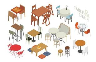Set di sedie e tavoli isometrici in vari stili. vettore