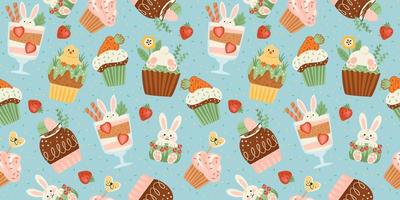 modello senza cuciture di Pasqua con dolci divertenti. cupcake, torta, dessert con simboli pasquali. disegno vettoriale