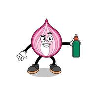 illustrazione di cipolla affettata cartone animato che tiene un repellente per zanzare vettore