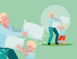 padre e figlio lotta con i cuscini vettore