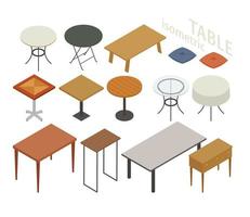 Set di mobili isometrici in vari stili di tavolo. vettore