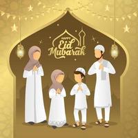 biglietto di auguri eid mubarak. cartone animato famiglia musulmana benedizione eid al fitr con moschea come sfondo. vettore