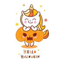 Kawaii Unicorn cartoon con zucca per halloween vettore