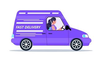 servizio di consegna sicuro e senza contatto porta a porta. consegna di cibo e vettore di concetto di ordine online per app. l'uomo guida il furgone con le merci.