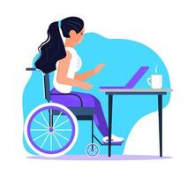 vettore di concetto di dipendente disabile. donna su una sedia a rotelle che lavora al computer, lavoro a casa online. freelance per invalidi per aiutare nella socializzazione. assistenti sociali, riabilitazione