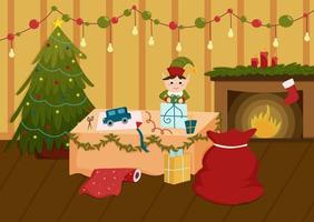 l'elfo sta preparando i regali in una stanza con un albero di Natale e un caminetto vettore