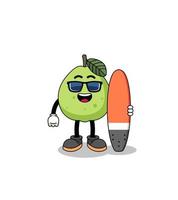 cartone animato mascotte di guava come surfista vettore