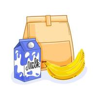 borsa per la colazione con latte e banana su sfondo bianco. illustrazione vettoriale. vettore