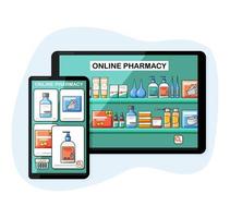 illustrazione vettoriale isolata farmacia online in stile cartone animato.