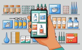 mano con il tuo smartphone con l'app farmacia online. scaffali con medicinali. illustrazione vettoriale. vettore