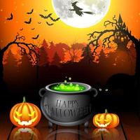 sfondo festa di halloween con zucche, pentola e streghe volanti in luna piena. illustrazione vettoriale