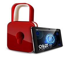 tablet pc concetto di privacy e sicurezza che scansiona un'impronta digitale e un lucchetto. Illustrazione 3d vettoriale