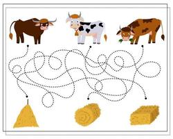 il gioco di logica per bambini attraversa il labirinto. guida le mucche attraverso il labirinto fino al fieno vettore