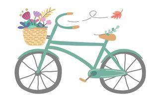 bicicletta verde e cesto di fiori progettati in toni pastello, stile doodle vintage vettore