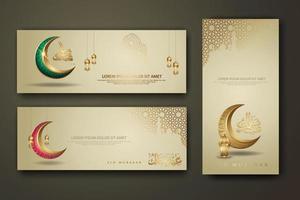 eid al fitr calligrafia islamica, set banner modello con luna crescente, lanterna tradizionale e moschea motivo texture sfondo islamico vettore
