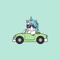 Unicorno sveglio che guida il fumetto dell&#39;automobile vettore