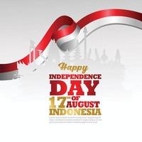 17 agosto. felice biglietto di auguri per la festa dell'indipendenza indonesiana. sventolando la bandiera indonesiana isolata su uno sfondo vettore