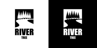 albero di pino e fiume o torrente sempreverde timberland logo design vector
