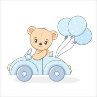 simpatico orsacchiotto su un'auto con palloncini. illustrazione vettoriale di un cartone animato.