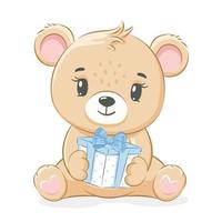 un simpatico orsacchiotto è seduto e tiene in mano un regalo. illustrazione vettoriale di un cartone animato.