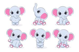 una serie di simpatiche ragazze elefanti. illustrazione vettoriale di un cartone animato.