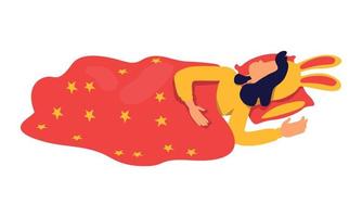 bambina che dorme sotto una coperta da tiro a stella carattere vettoriale a colori semi piatto