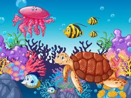 Animali marini del fumetto che nuotano sotto l&#39;oceano vettore