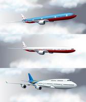 Tre scene con aerei a reazione che volano in cielo vettore