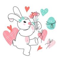 coniglietto di pasqua con fiori e cuori. simpatico coniglietto o coniglio divertente per carte pasquali e invito per le vacanze primaverili, stampa o adesivo, doodle kawaii style illustrazione vettoriale isolato sfondo bianco.