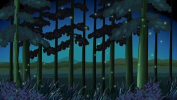 Scena della foresta di notte con lucciole
