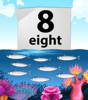 Numero otto e otto pesci che nuotano sott&#39;acqua vettore