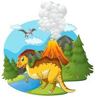 Scena con dinosauri e vulcano vettore