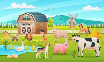 animali da fattoria impostati nell'illustrazione del fumetto di sfondo agricolo vettore