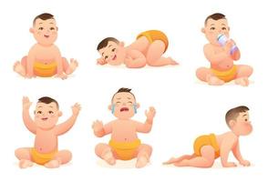 set di adorabile bambino con pannolino in varie pose e situazioni, personaggio dei cartoni animati vettoriale