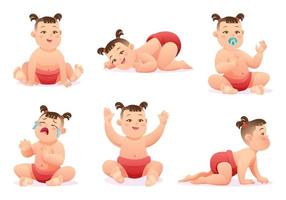 set di adorabile bambina con pannolino in varie pose e situazioni, personaggio dei cartoni animati vettoriale