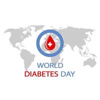 giornata mondiale del diabete cerchio blu con una goccia di sangue su una mappa del mondo. vettore